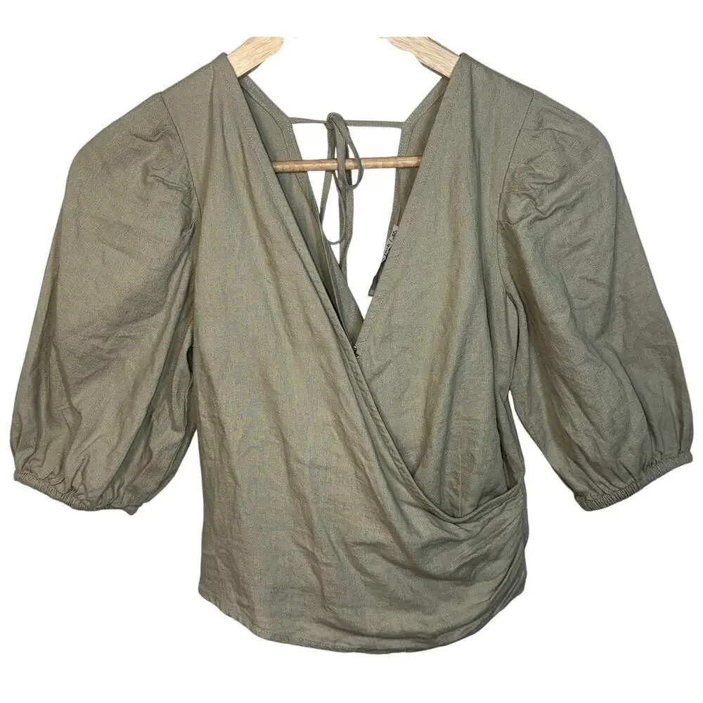 Abercrombie & Fitch Tan Beige Linen Wrap Puff Sleeve Smocked Blouse Womens Sz XS